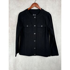 D‎ & Co Fray Neck Button Up Denim Jacket Women's Small Black Minimalist